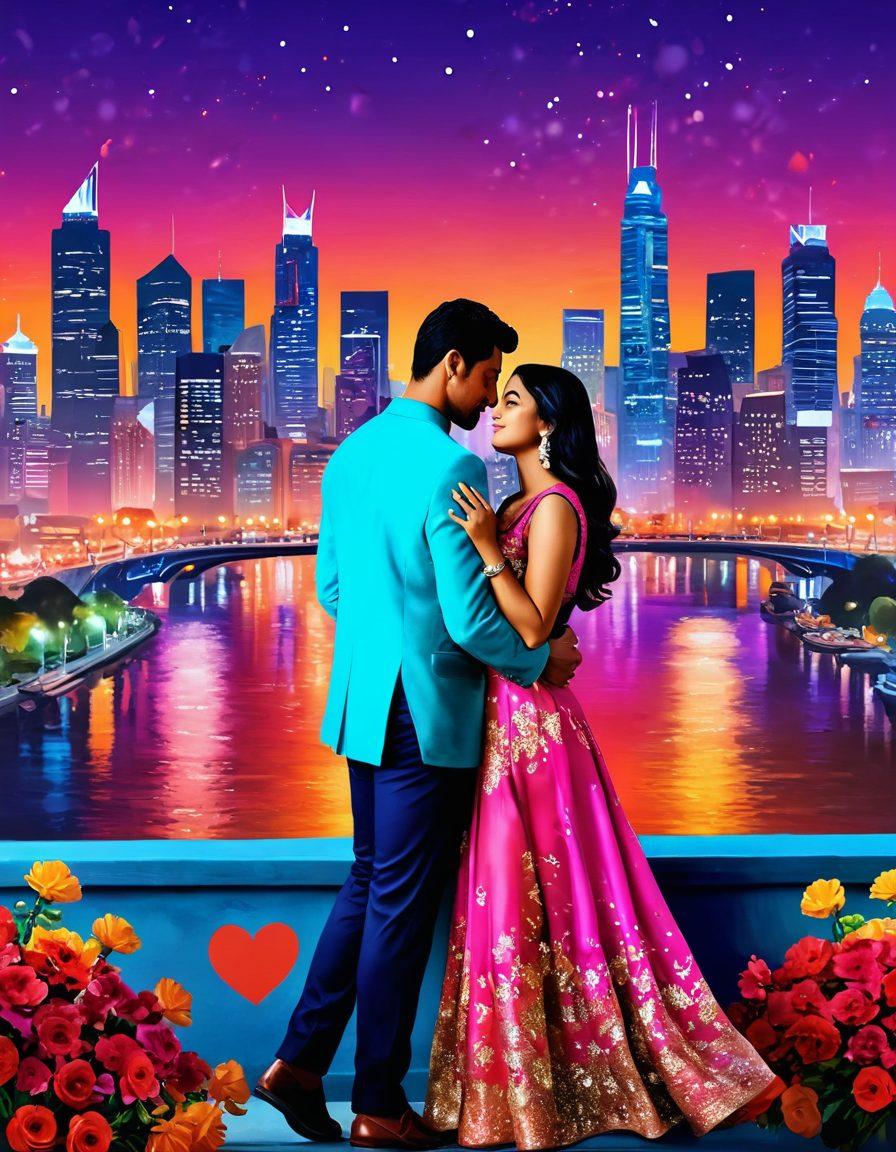 A vibrant collage of modern romance scenes inspired by Bollywood, featuring a diverse couple on a romantic date with shimmering city lights in the background. Include elements like stylish fashion, cheerful expressions, and hints of cultural motifs. Incorporate heart shapes and colorful flowers to symbolize love and joy. Use a bright and lively color palette to evoke warmth and happiness. super-realistic. vibrant colors. romantic atmosphere.