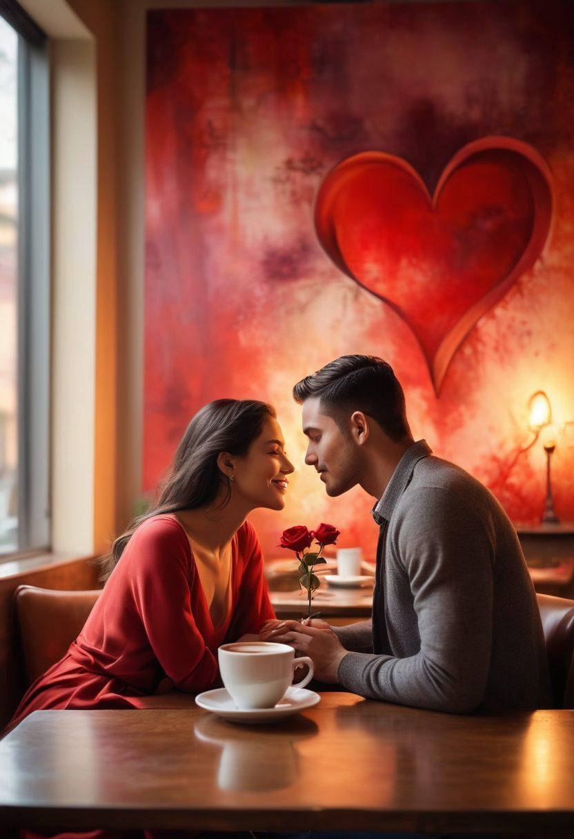 A romantic scene depicting a diverse couple sharing an intimate moment in a cozy cafe, surrounded by soft lighting and heart-shaped decor. In the background, abstract symbols of love and connection float in the air, blending with warm colors that evoke passion and emotion. The table is adorned with a single red rose and a steaming cup of coffee, suggesting a heartfelt encounter. Painting. vibrant colors. soft focus.